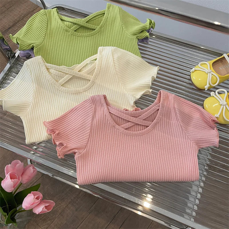 Girls T-Shirt Tops Summer Children Short-Sleeved Tees Casual Thin Soft Tops Simple Solid Kids Clothing 2-6 Years