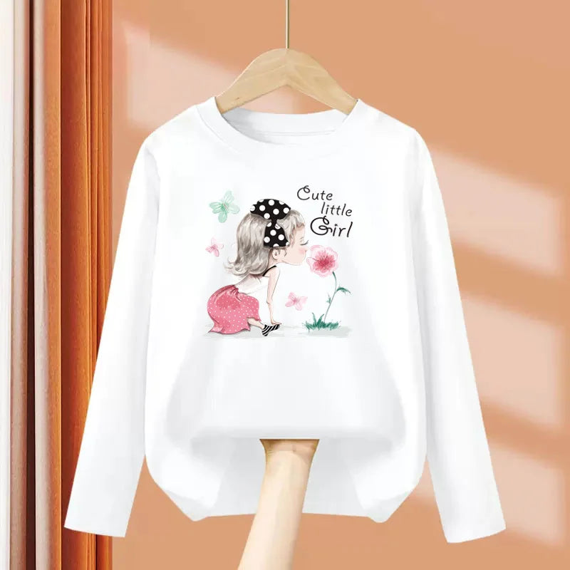 2-13 Year Old Girls Long sleeved Tops Flower & Butterfly Fashion T-shirt Autumn Cartoon Clothing Little Girl Brand Tees