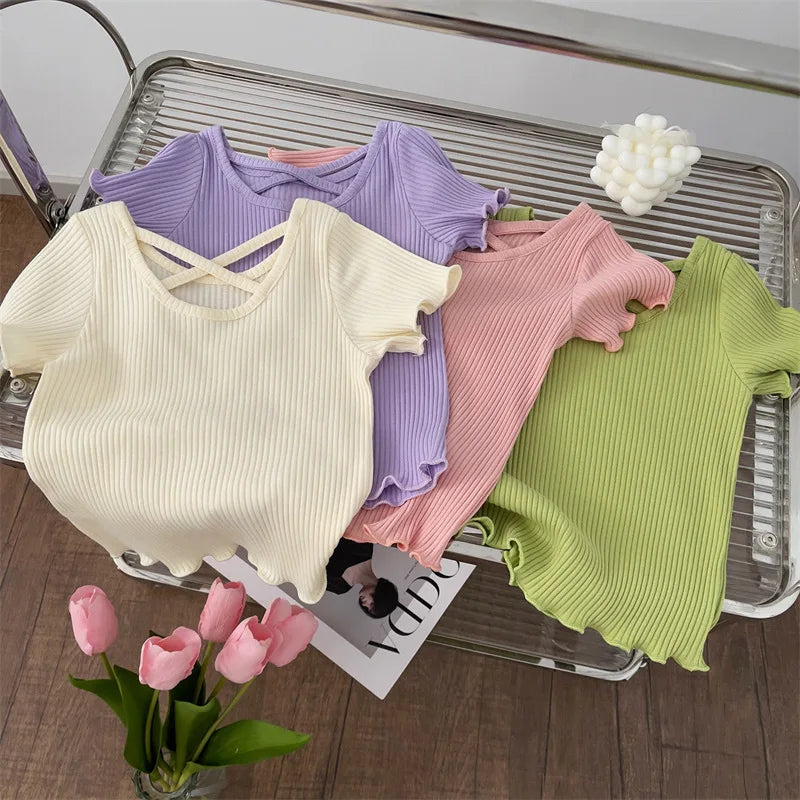 Girls T-Shirt Tops Summer Children Short-Sleeved Tees Casual Thin Soft Tops Simple Solid Kids Clothing 2-6 Years