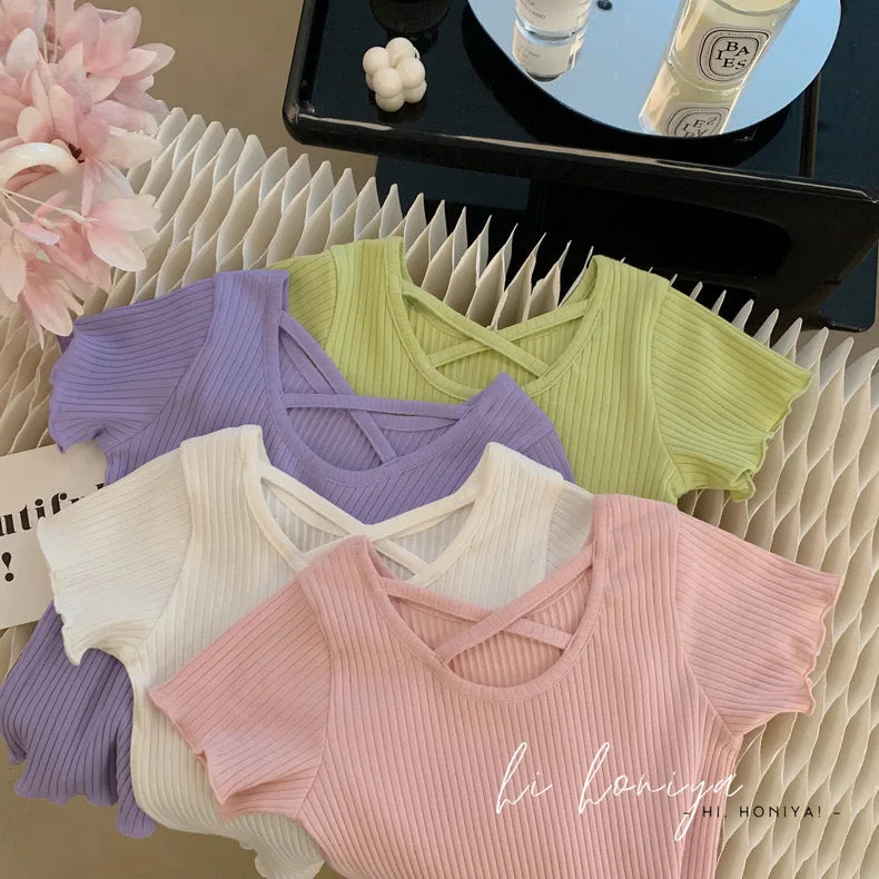 Girls T-Shirt Tops Summer Children Short-Sleeved Tees Casual Thin Soft Tops Simple Solid Kids Clothing 2-6 Years
