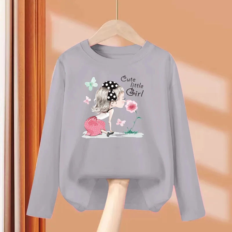 2-13 Year Old Girls Long sleeved Tops Flower & Butterfly Fashion T-shirt Autumn Cartoon Clothing Little Girl Brand Tees