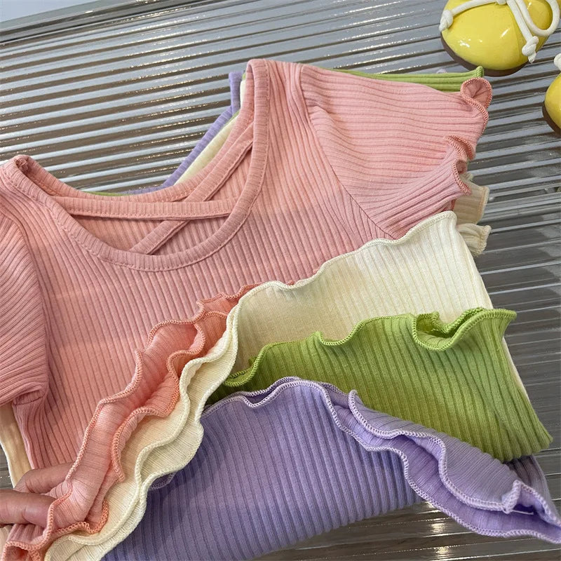 Girls T-Shirt Tops Summer Children Short-Sleeved Tees Casual Thin Soft Tops Simple Solid Kids Clothing 2-6 Years