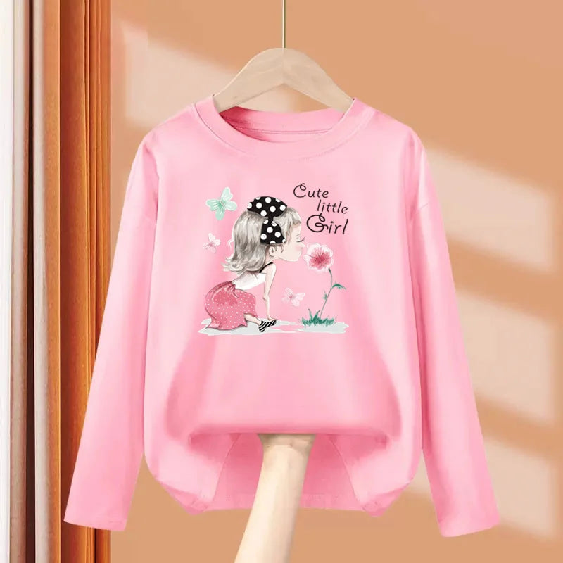 2-13 Year Old Girls Long sleeved Tops Flower & Butterfly Fashion T-shirt Autumn Cartoon Clothing Little Girl Brand Tees