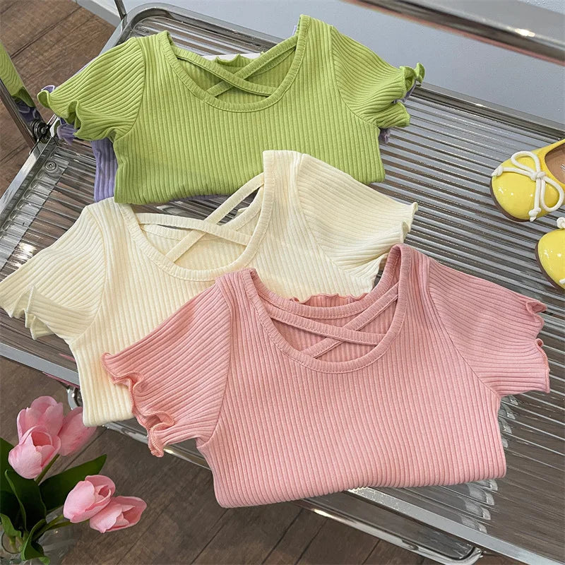Girls T-Shirt Tops Summer Children Short-Sleeved Tees Casual Thin Soft Tops Simple Solid Kids Clothing 2-6 Years