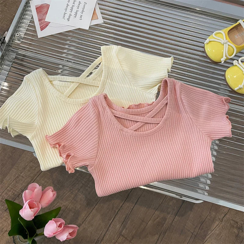 Girls T-Shirt Tops Summer Children Short-Sleeved Tees Casual Thin Soft Tops Simple Solid Kids Clothing 2-6 Years