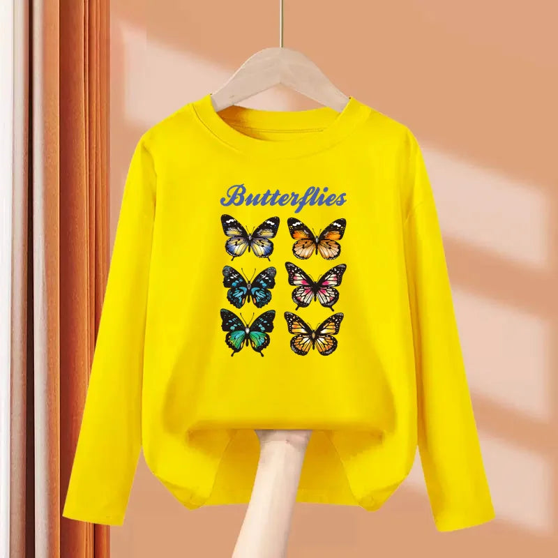 2-13 Year Old Girls Long sleeved Tops Flower & Butterfly Fashion T-shirt Autumn Cartoon Clothing Little Girl Brand Tees