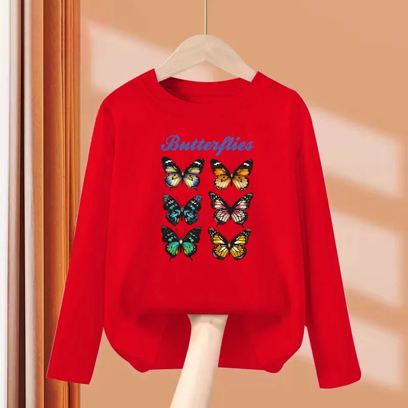 2-13 Year Old Girls Long sleeved Tops Flower & Butterfly Fashion T-shirt Autumn Cartoon Clothing Little Girl Brand Tees