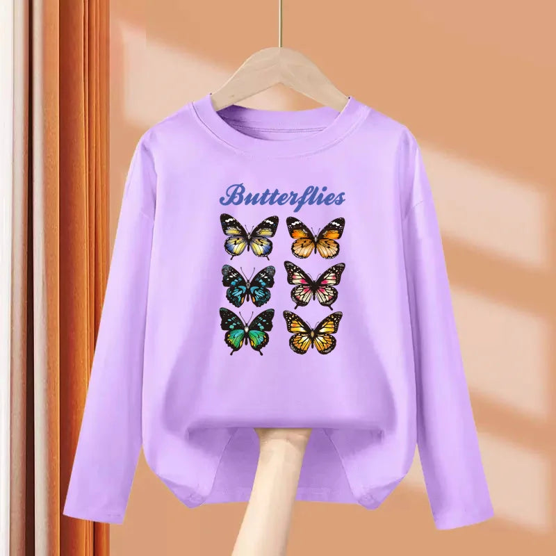 2-13 Year Old Girls Long sleeved Tops Flower & Butterfly Fashion T-shirt Autumn Cartoon Clothing Little Girl Brand Tees