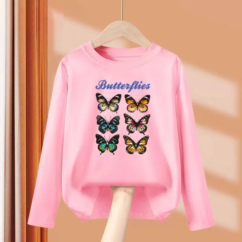 2-13 Year Old Girls Long sleeved Tops Flower & Butterfly Fashion T-shirt Autumn Cartoon Clothing Little Girl Brand Tees