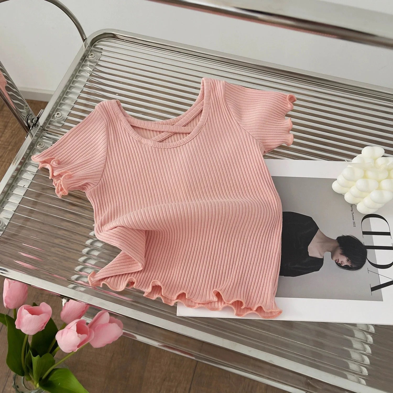Girls T-Shirt Tops Summer Children Short-Sleeved Tees Casual Thin Soft Tops Simple Solid Kids Clothing 2-6 Years
