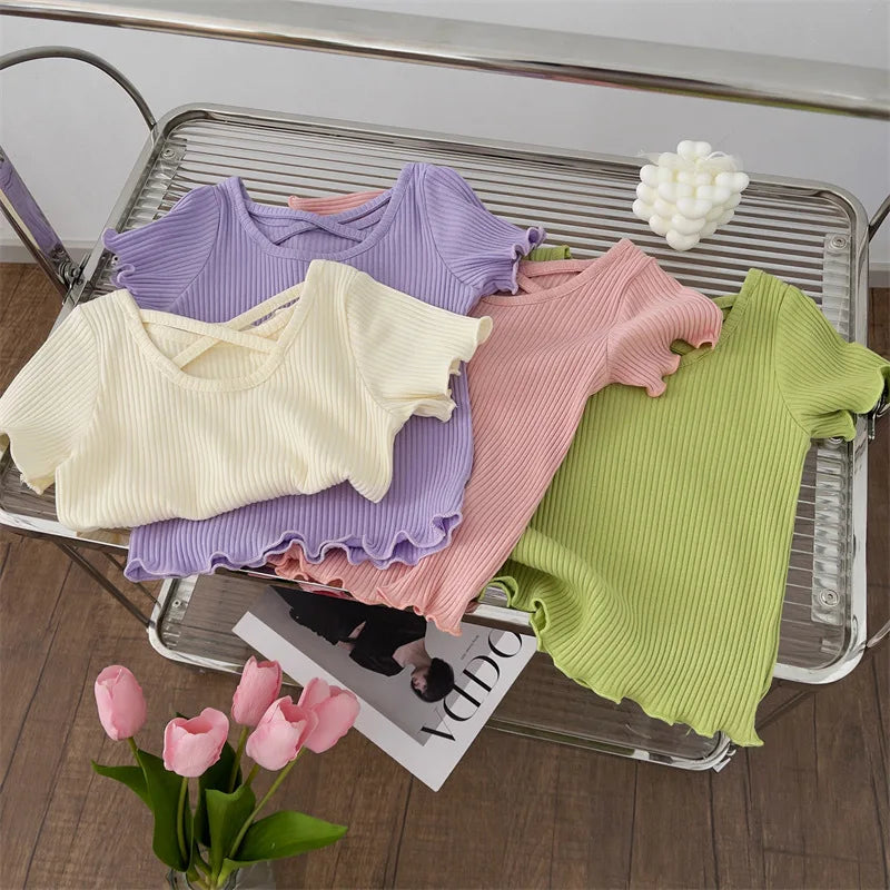 Girls T-Shirt Tops Summer Children Short-Sleeved Tees Casual Thin Soft Tops Simple Solid Kids Clothing 2-6 Years