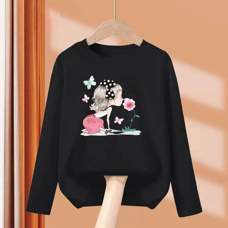 2-13 Year Old Girls Long sleeved Tops Flower & Butterfly Fashion T-shirt Autumn Cartoon Clothing Little Girl Brand Tees
