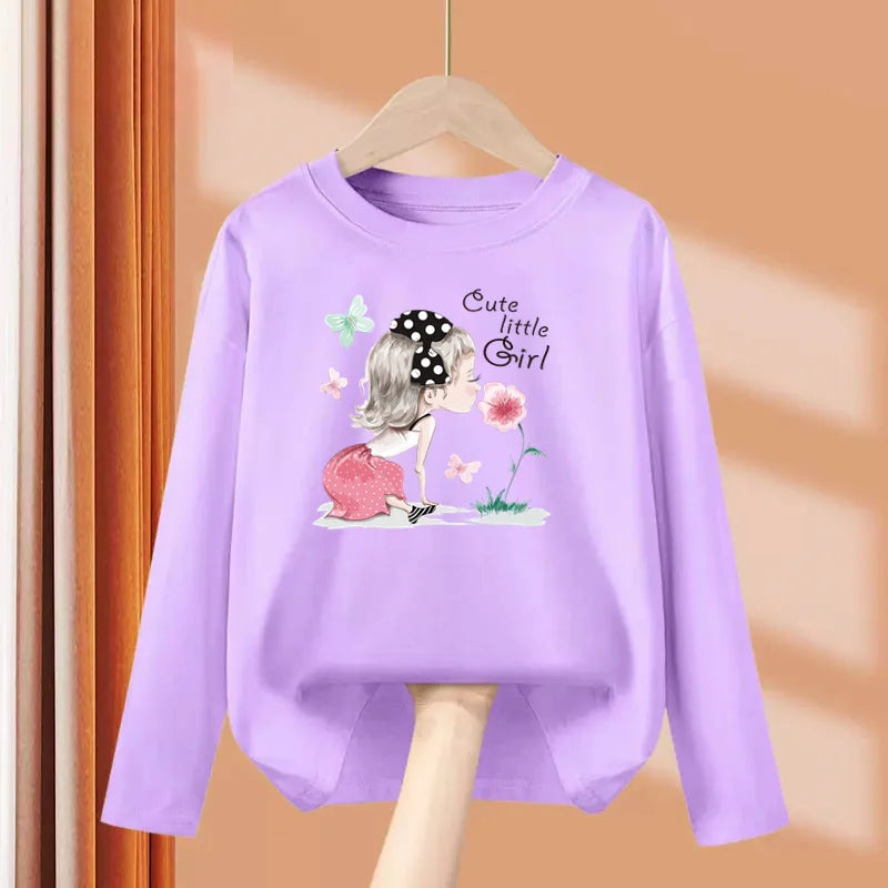 2-13 Year Old Girls Long sleeved Tops Flower & Butterfly Fashion T-shirt Autumn Cartoon Clothing Little Girl Brand Tees
