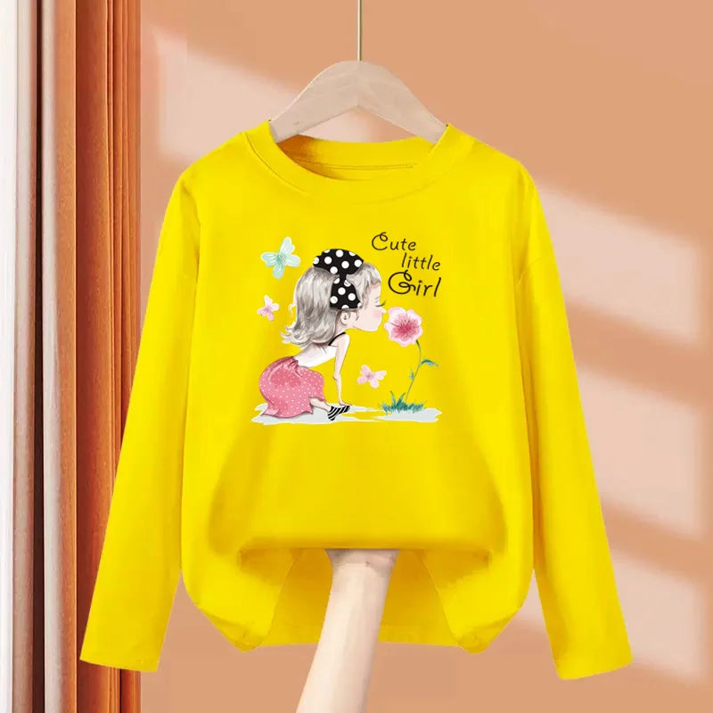 2-13 Year Old Girls Long sleeved Tops Flower & Butterfly Fashion T-shirt Autumn Cartoon Clothing Little Girl Brand Tees