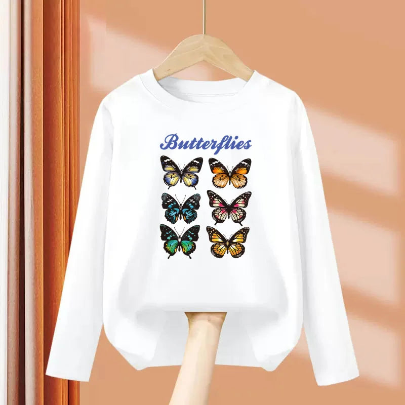 2-13 Year Old Girls Long sleeved Tops Flower & Butterfly Fashion T-shirt Autumn Cartoon Clothing Little Girl Brand Tees
