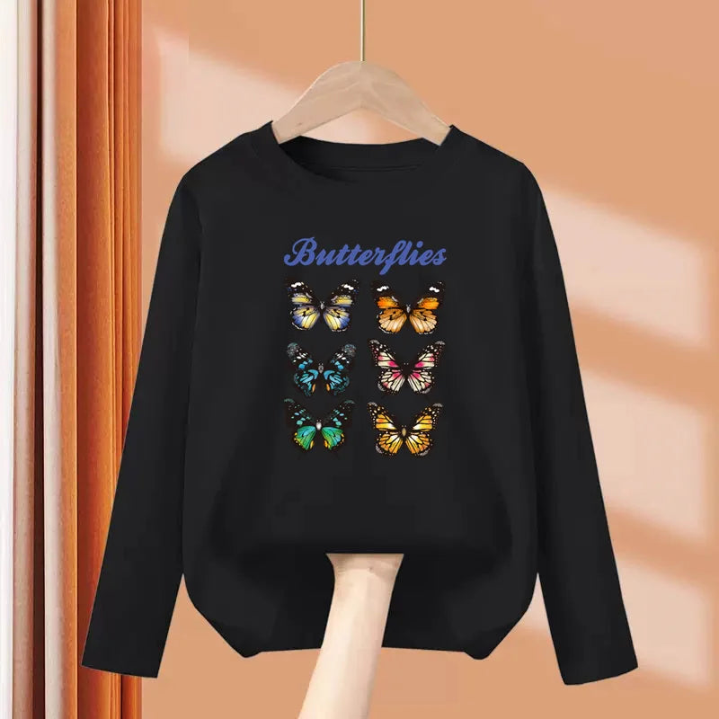 2-13 Year Old Girls Long sleeved Tops Flower & Butterfly Fashion T-shirt Autumn Cartoon Clothing Little Girl Brand Tees